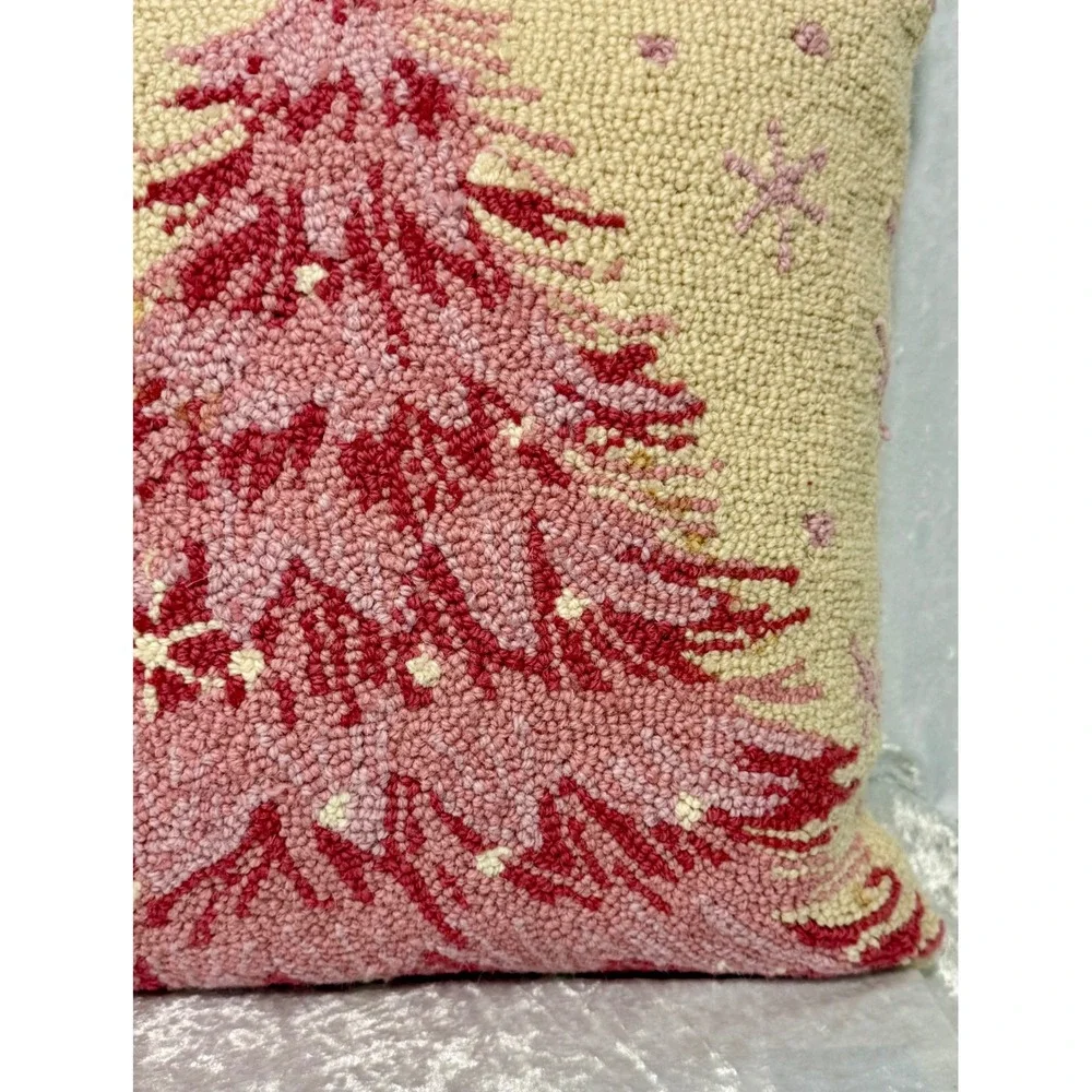 Peking Handicraft Pink Christmas Tree Hand Hooked Wool Pillow Velvet Back 18x18